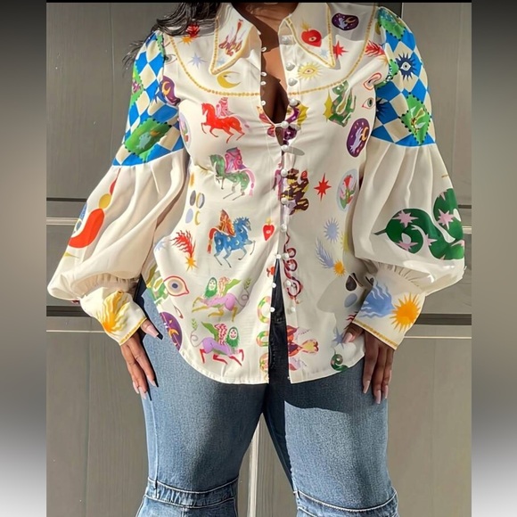Plus Size Horse Print Collared Long Sleeve Button Up Down Shirt Blouse Top - Picture 1 of 4